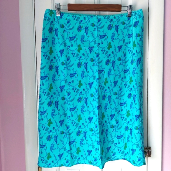 100% Silk Turquoise Aqua Blue Floral Midi Skirt by New York & Company Sz M - Picture 2 of 8